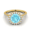 14K สีเหลืองทอง Round Brilliant Aquamarine แนวนอนแฟนซี East West Diamond Halo แหวนหมั้น -1/2ctw