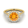 14K สีเหลืองทอง Round Brilliant Citrine แนวนอนแฟนซี East West Diamond Halo แหวนหมั้น -1/2ctw