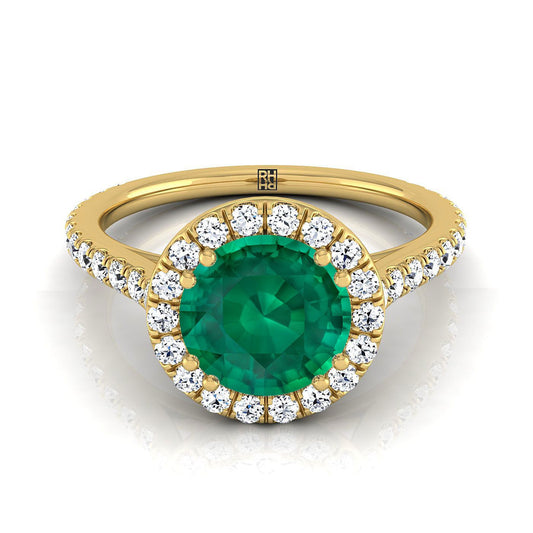 18K สีเหลืองทอง Round Brilliant Emerald แนวนอนแฟนซี East West Diamond Halo แหวนหมั้น -1/2ctw