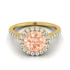 14K สีเหลืองทอง Round Brilliant Morganite แนวนอนแฟนซี East West Diamond Halo แหวนหมั้น -1/2ctw