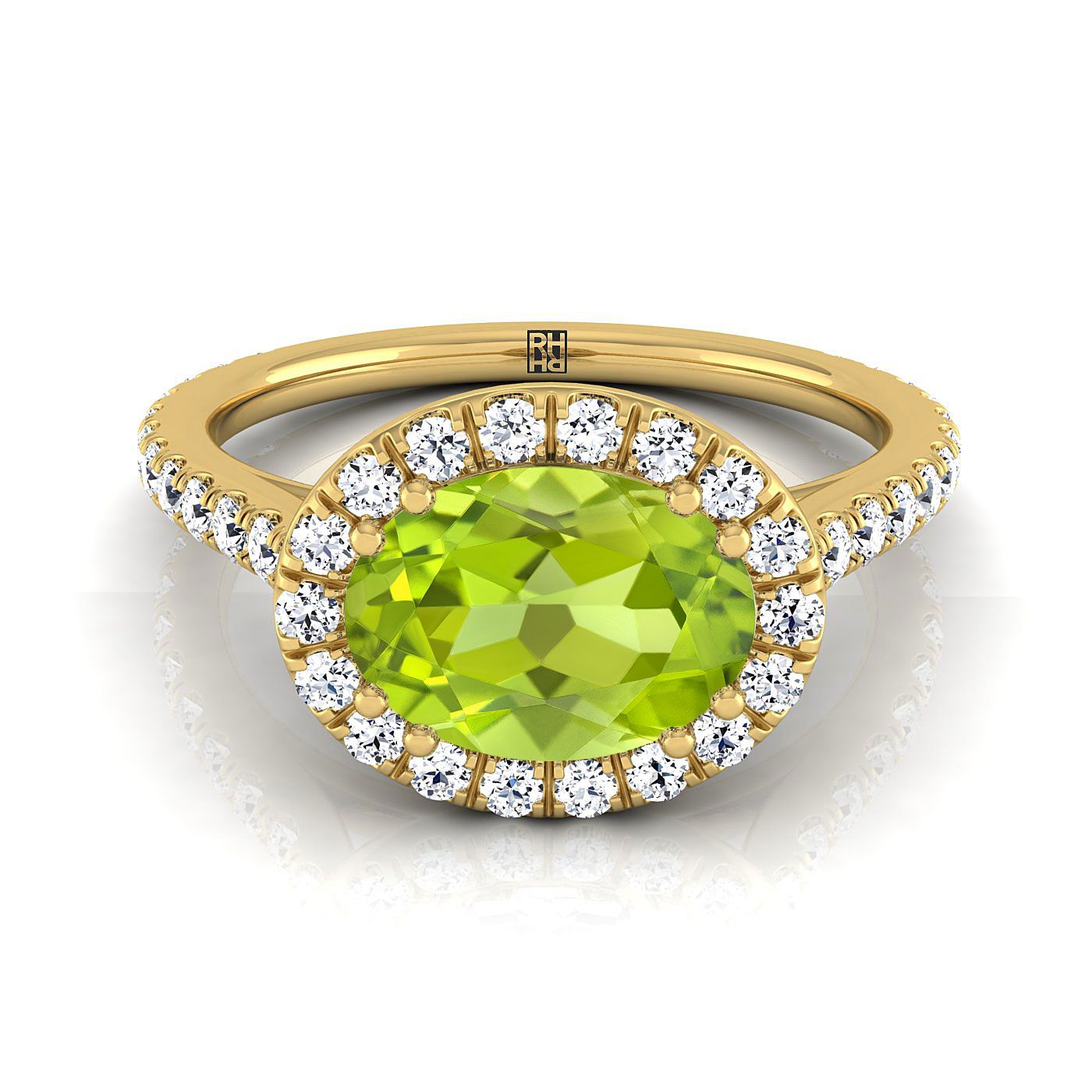 18K สีเหลืองทองรูปไข่ Peridot แนวนอนแฟนซี East West Diamond Halo แหวนหมั้น -1/2ctw