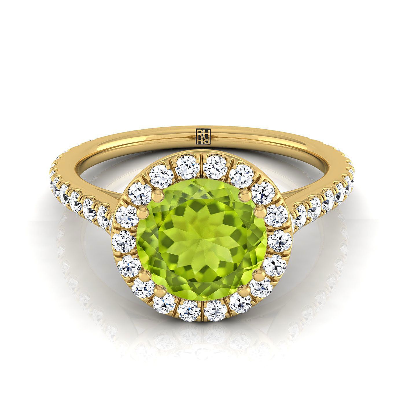 14K สีเหลืองทอง Round Brilliant Peridot แนวนอนแฟนซี East West Diamond Halo แหวนหมั้น -1/2ctw