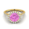 14K สีเหลืองทอง Round Brilliant Pink Sapphire แนวนอนแฟนซี East West Diamond Halo แหวนหมั้น -1/2ctw