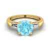 18K สีเหลืองทอง Round Brilliant Aquamarine สามหินเรียว Baguette แหวนหมั้น -1/5ctw