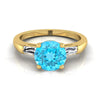 14K สีเหลืองทอง Round Brilliant Swiss Blue Topaz สามหินเรียว Baguette แหวนหมั้น -1/5ctw