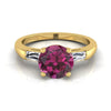 18K สีเหลืองทอง Round Brilliant Garnet สามหินเรียว Baguette แหวนหมั้น -1/5ctw