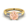 14K สีเหลืองทอง Round Brilliant Morganite สามหินเรียว Baguette แหวนหมั้น -1/5ctw