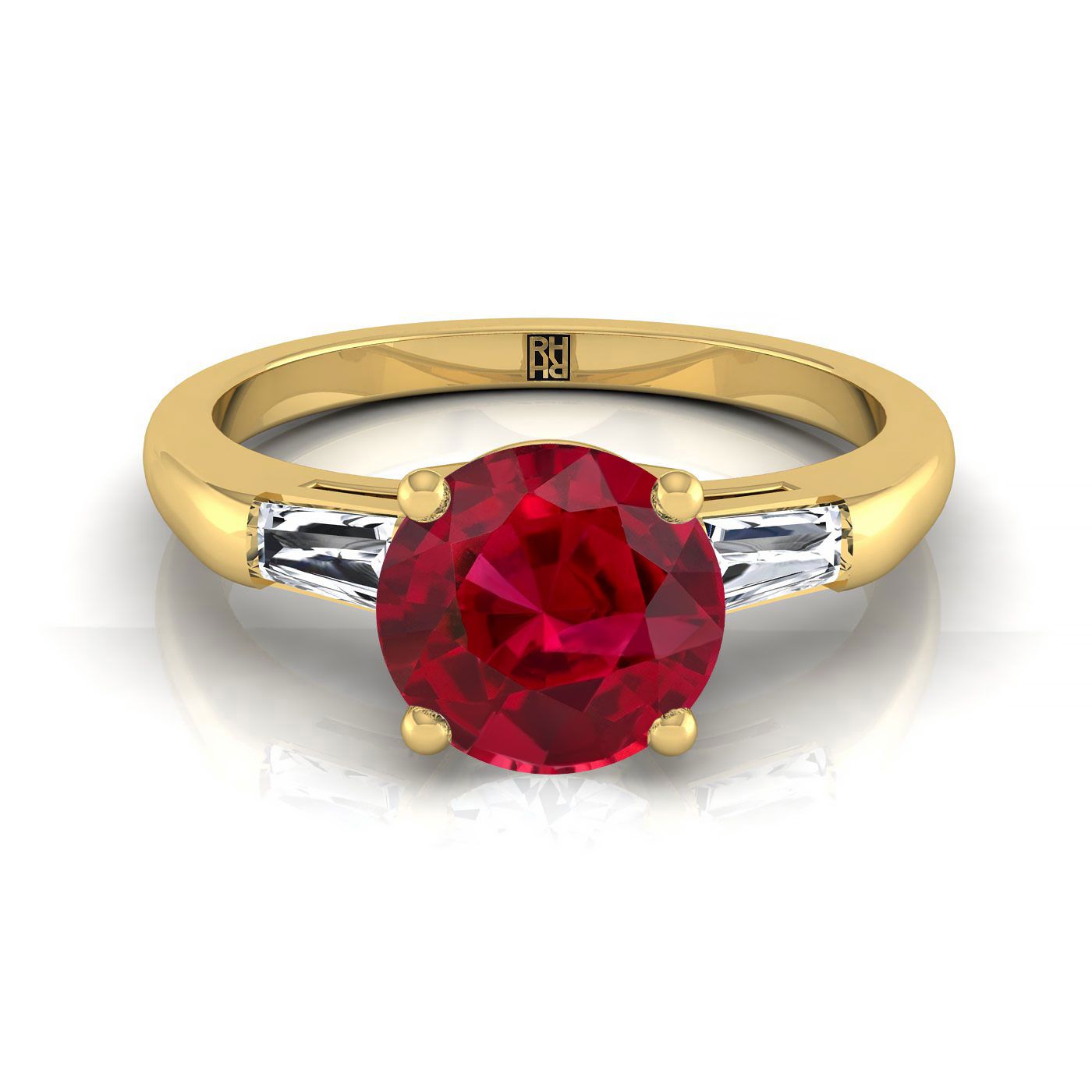 14K Yellow Gold Round Brilliant Ruby Three Stone Tapered Baguette แหวนหมั้น -1/5ctw