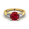 14K Yellow Gold Round Brilliant Ruby Three Stone Tapered Baguette แหวนหมั้น -1/5ctw