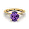 14K สีเหลืองทองรูปไข่ Amethyst Secret Diamond Halo French Pave Solitaire แหวนหมั้น -1/3ctw