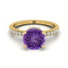 14K สีเหลืองทอง Round Brilliant Amethyst Secret Diamond Halo French Pave Solitaire แหวนหมั้น -1/3ctw