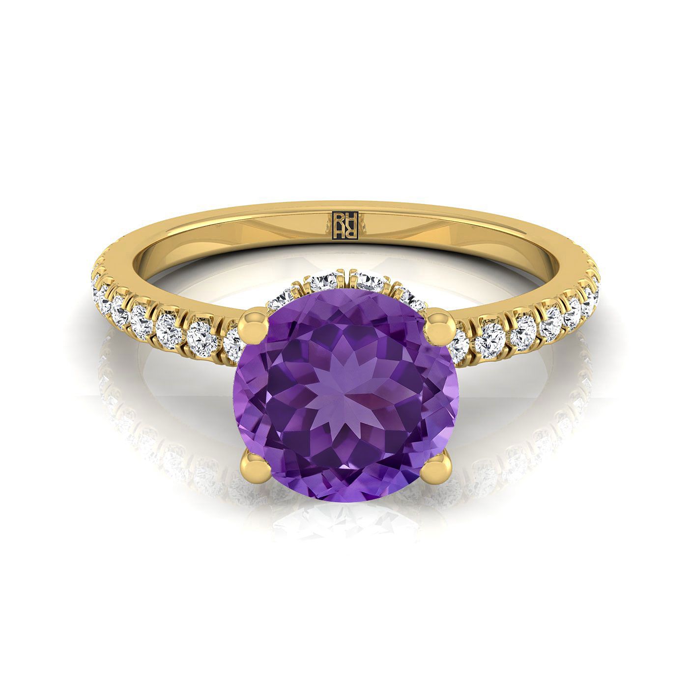 18K สีเหลืองทอง Round Brilliant Amethyst Secret Diamond Halo French Pave Solitaire แหวนหมั้น -1/3ctw