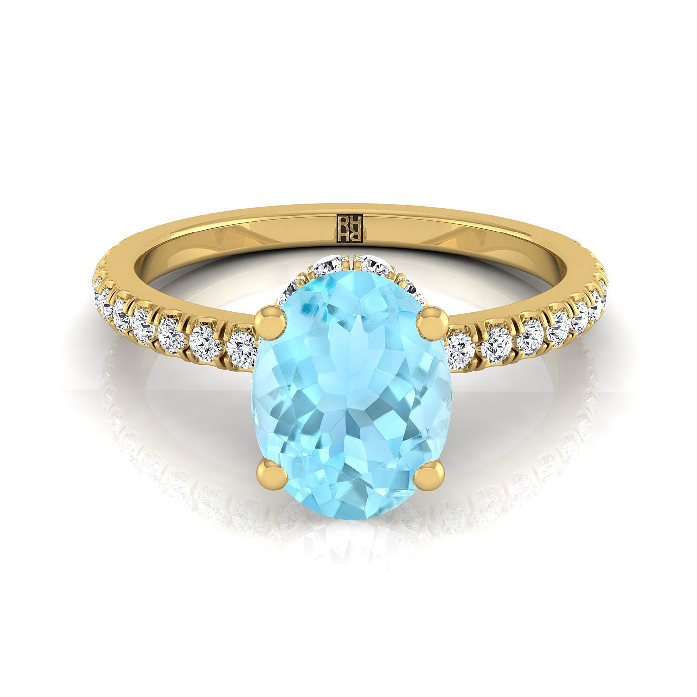 14K สีเหลืองทองรูปไข่ Aquamarine Secret Diamond Halo French Pave Solitaire แหวนหมั้น -1/3ctw