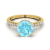 14K สีเหลืองทอง Round Brilliant Aquamarine Secret Diamond Halo French Pave Solitaire แหวนหมั้น -1/3ctw