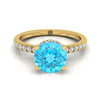 18K สีเหลืองทอง Round Brilliant Swiss Blue Topaz Secret Diamond Halo French Pave Solitaire แหวนหมั้น -1/3ctw