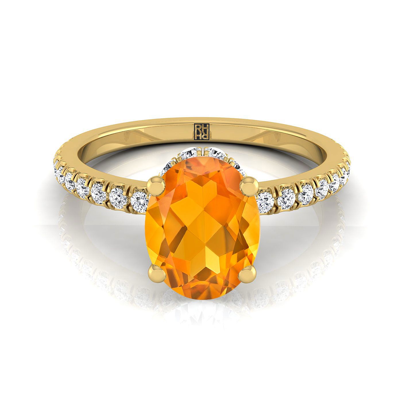 18K สีเหลืองทองรูปไข่ Citrine Secret Diamond Halo French Pave Solitaire แหวนหมั้น -1/3ctw