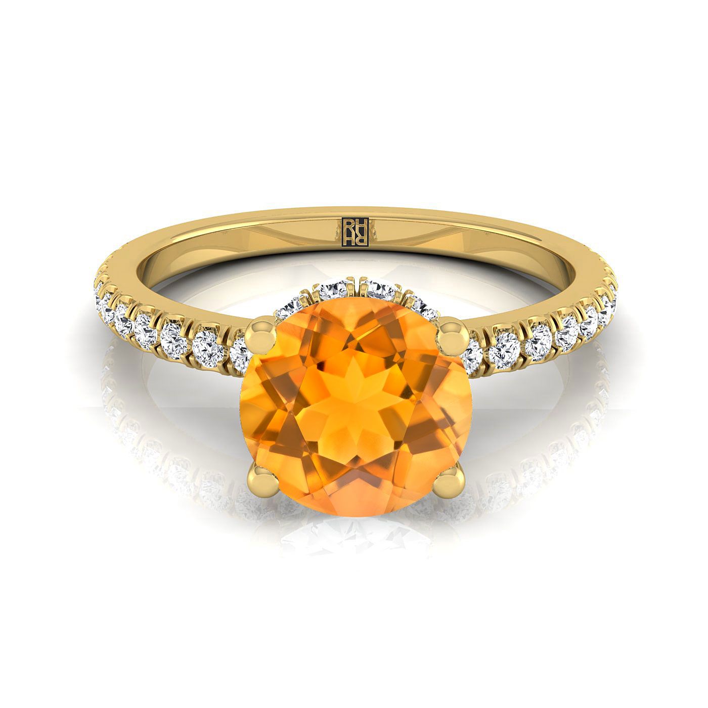 18K สีเหลืองทอง Round Brilliant Citrine Secret Diamond Halo French Pave Solitaire แหวนหมั้น -1/3ctw