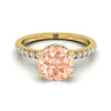 14K สีเหลืองทอง Round Brilliant Morganite Secret Diamond Halo French Pave Solitaire แหวนหมั้น -1/3ctw