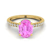 18K สีเหลืองทองรูปไข่ Pink Sapphire Secret Diamond Halo French Pave Solitaire แหวนหมั้น -1/3ctw