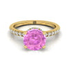 14K สีเหลืองทอง Round Brilliant Pink Sapphire Secret Diamond Halo French Pave Solitaire แหวนหมั้น -1/3ctw