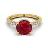 14K สีเหลืองทอง Round Brilliant Ruby Secret Diamond Halo French Pave Solitaire แหวนหมั้น -1/3ctw