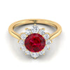 18K สีเหลืองทอง Round Brilliant Ruby Floral Diamond Halo แหวนหมั้น -1/2ctw