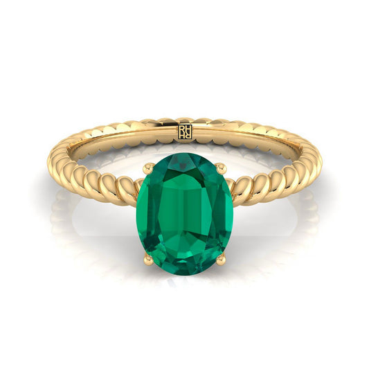 18K Yellow Gold Oval Emerald Twisted Rope Solitaire พร้อมแหวนหมั้นเพชรเซอร์ไพรซ์