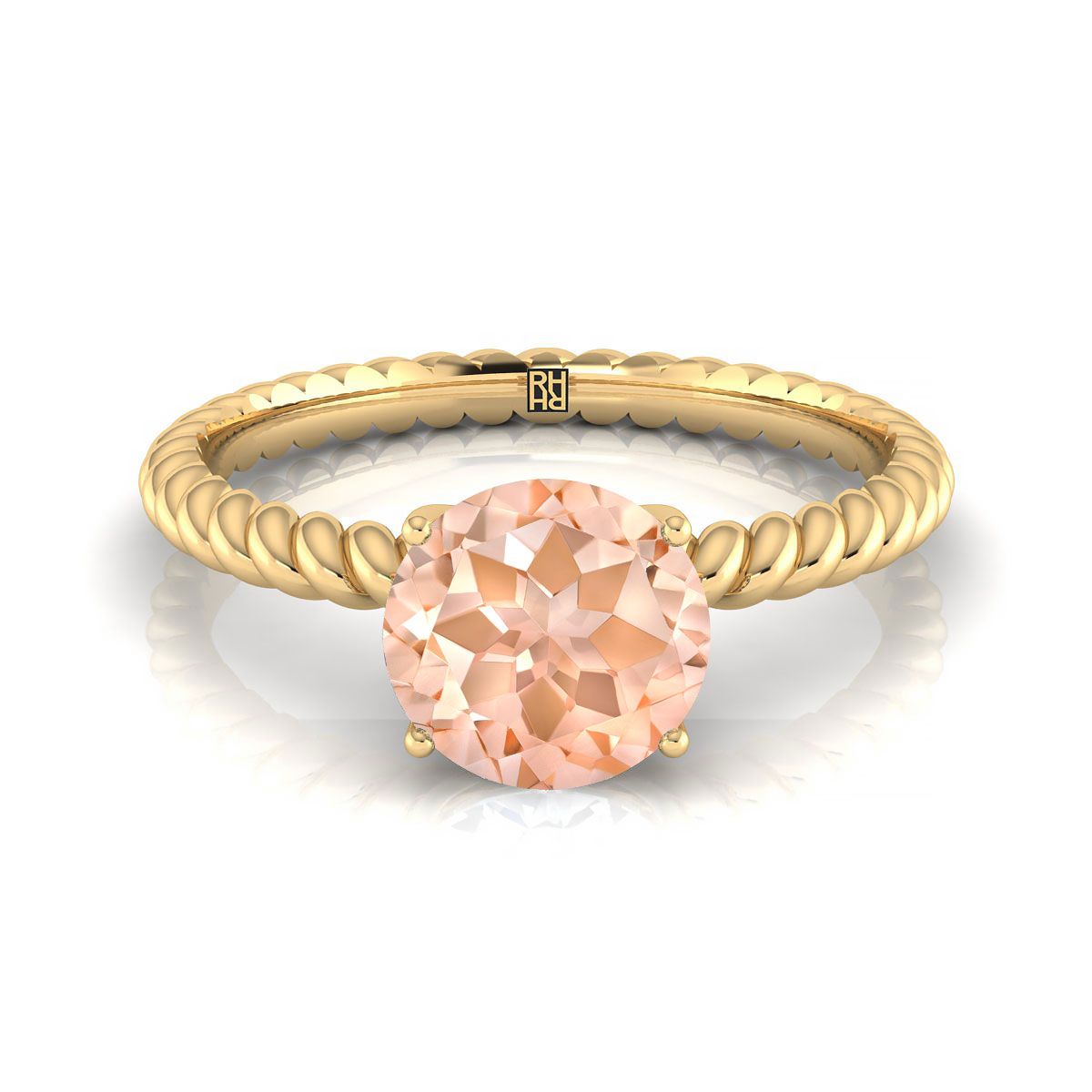 14K Yellow Gold Round Brilliant Morganite Twisted Rope Solitaire With Surprize Diamond Engagement Ring