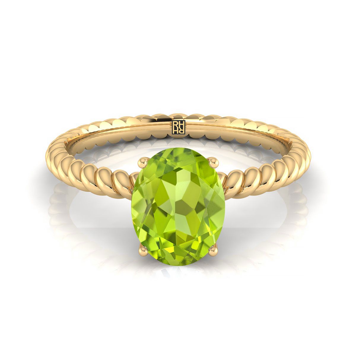 18K Yellow Gold Oval Peridot Twisted Rope Solitaire พร้อมแหวนหมั้นเพชรเซอร์ไพรซ์