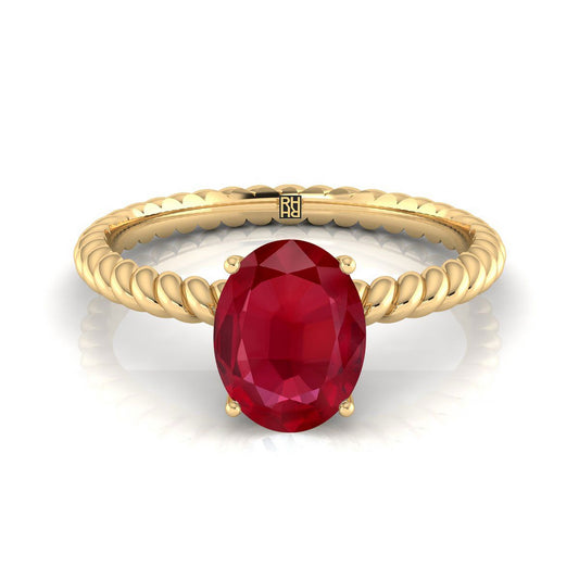 14K Yellow Gold Oval Ruby Twisted Rope Solitaire พร้อมแหวนหมั้นเพชรเซอร์ไพรซ์