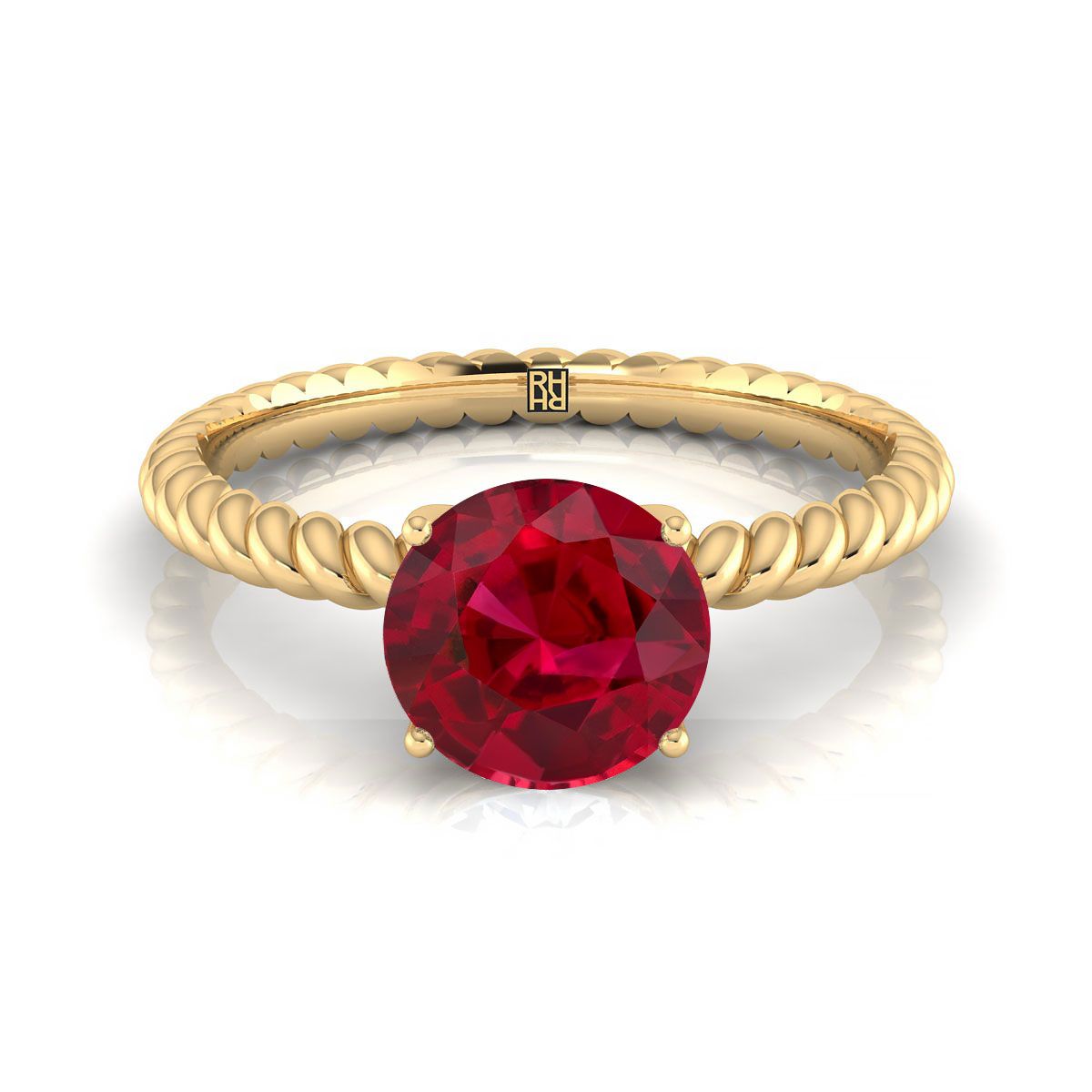 14K Yellow Gold Round Brilliant Ruby Twisted Rope Solitaire พร้อมแหวนหมั้นเพชรเซอร์ไพรซ์